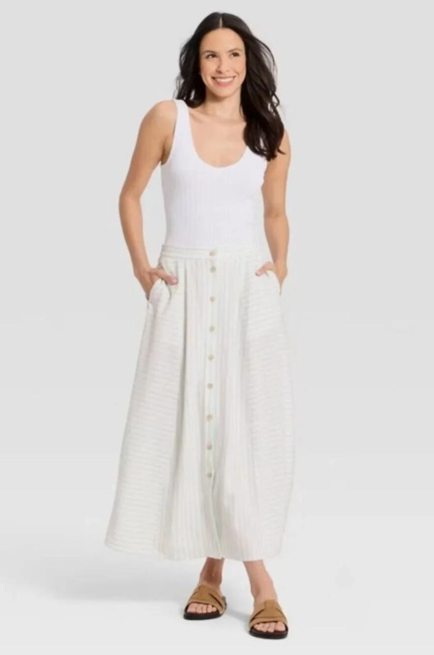 Universal Thread Women Maxi A-Line Skirt Light Blue Striped Linen Blend -SMALL